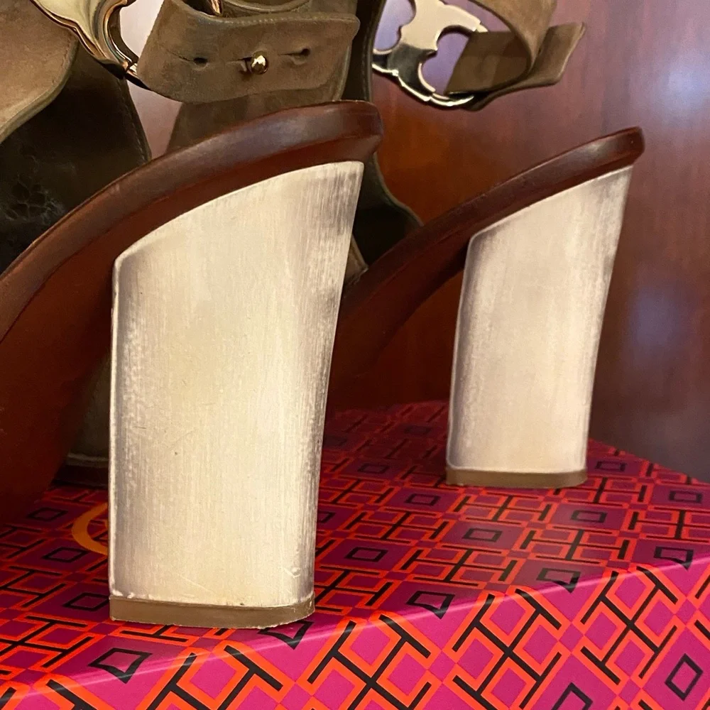 Tory Burch Suede Open-Toe Ankle Bootie in Taupe with Metallic Heel